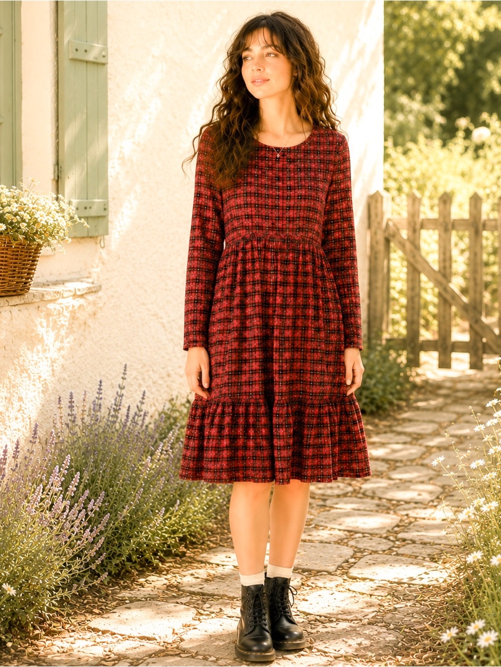 Ruffled A-Line Dress Preppy Grunge Cottage Core Vamp Y2K - Red Plaid Size L